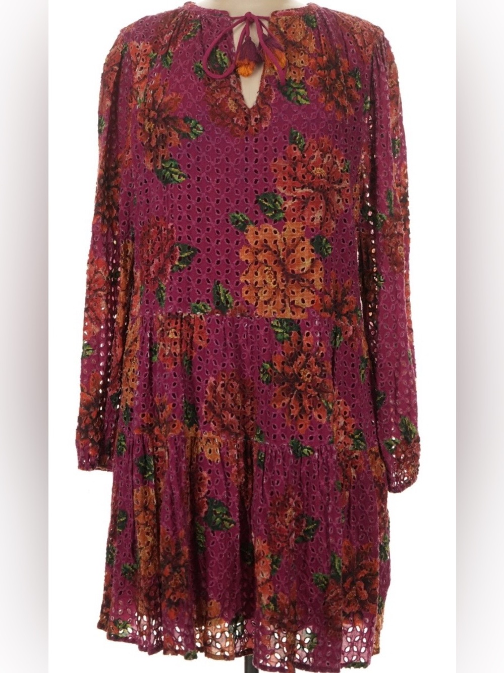 FARM Rio Magenta Floral Eyelet Long-Sleeve Mini Dress